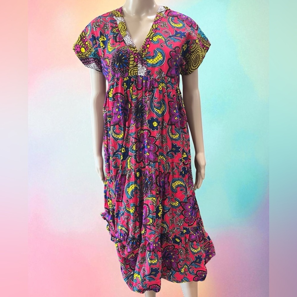 Contemporary African empire tiered pink patio dress M